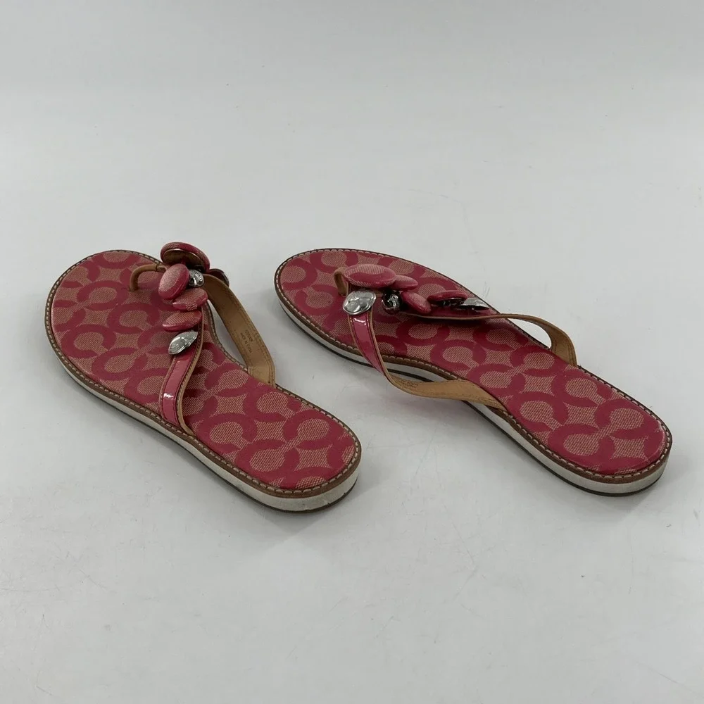 Coach Womens Signature Coated Canvas‎ Flip Flop Thong Patent Button Melon 8.5